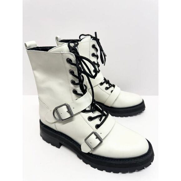 Dolce Vita Combat Boots Size 8 White Leather Round Toe Lace Up Buckle Detail NEW - Picture 3 of 10